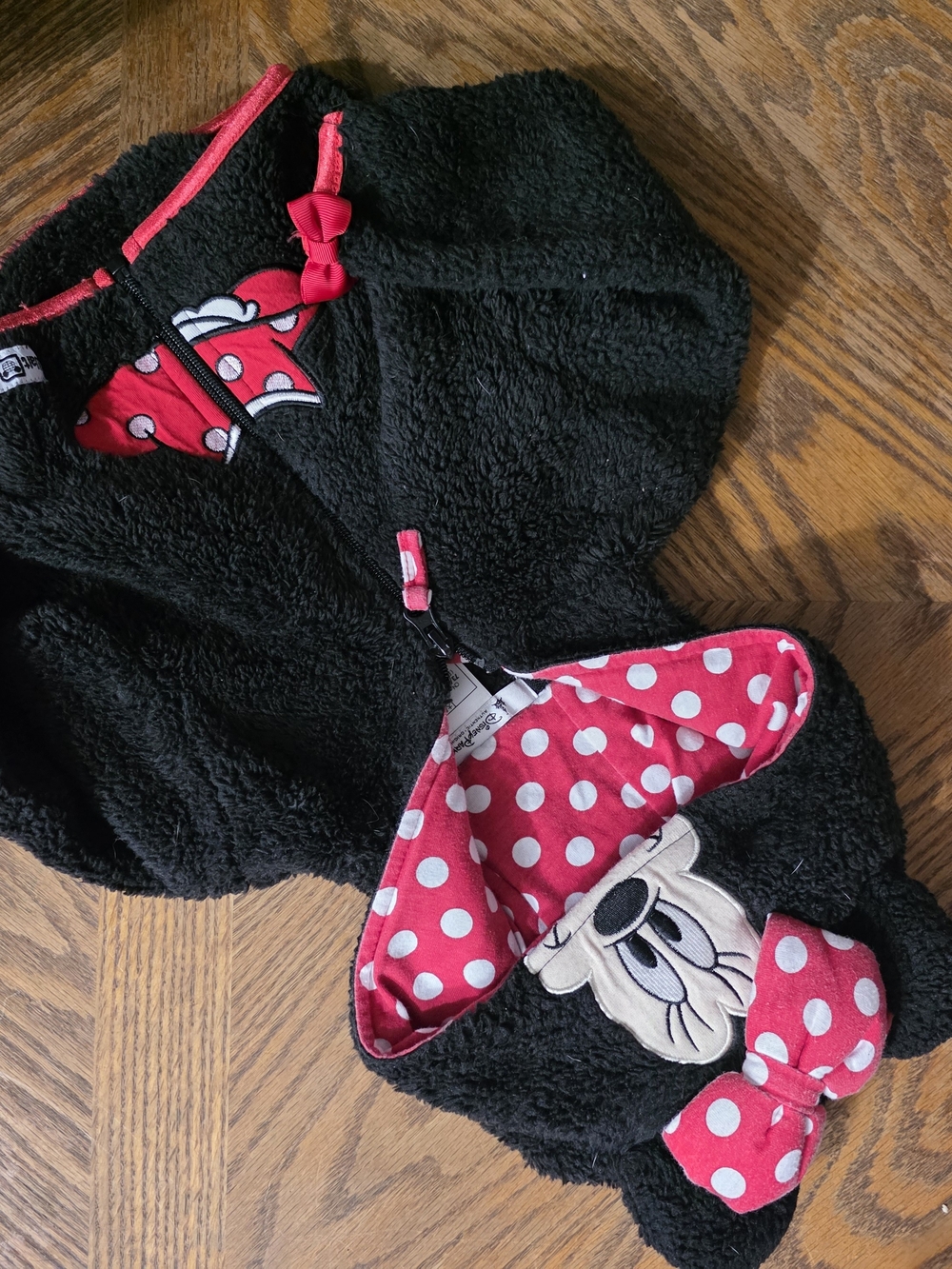 Disney Black Fleece Minnie Mouse Hooded One-Piece with Red Polka Dot Accents